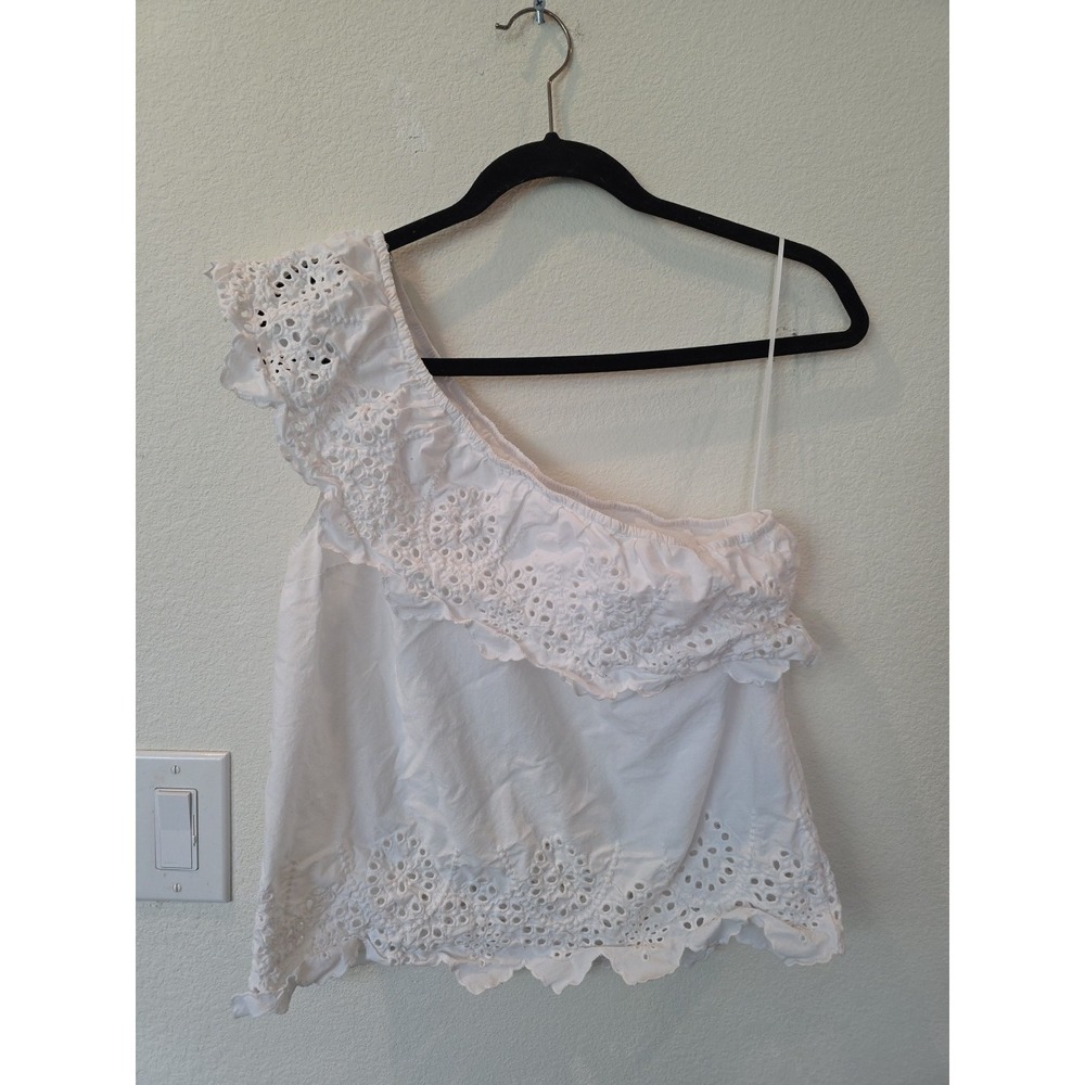 Abercrombie Fitch 1 Shoulder Blouse Sz M CottonWhite Ruffle Eyelet Festival Boho